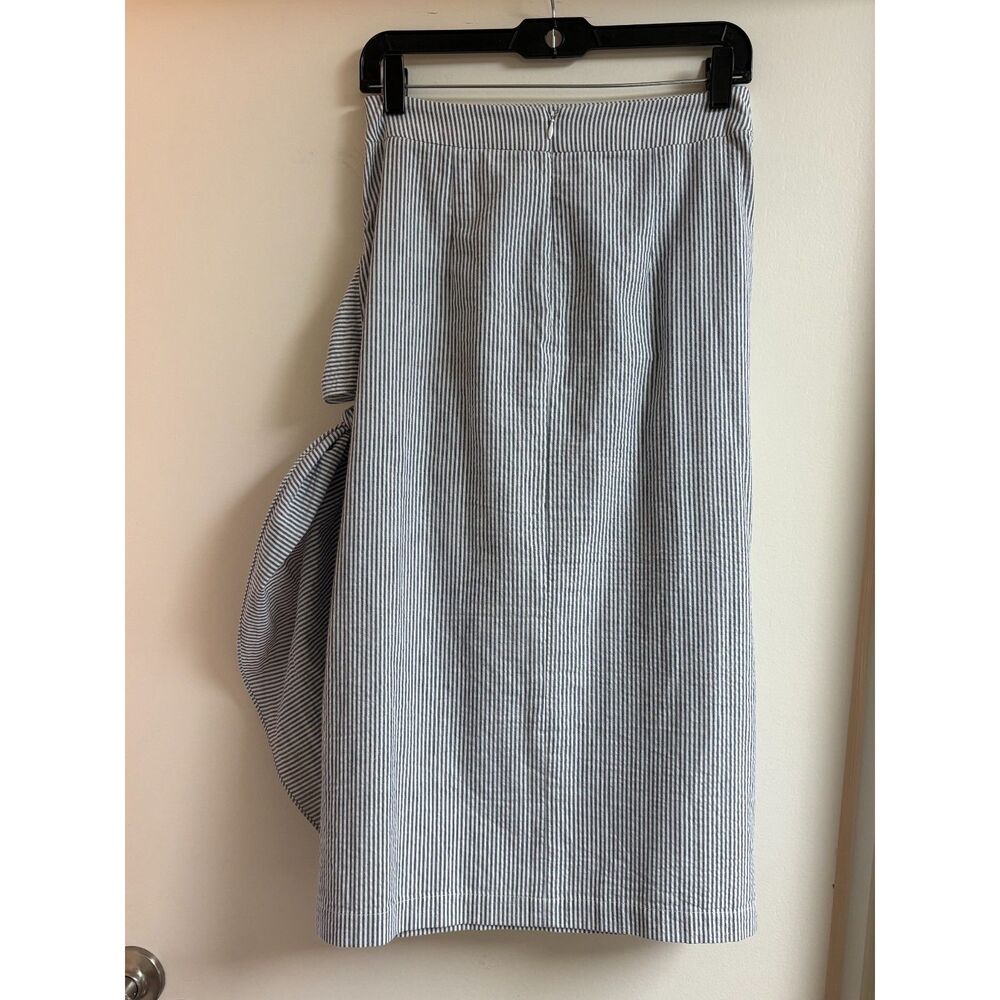 Blue Cotton Pinstripe Pencil Skirt S 4 Boutique Wrap Sarong Midi Bow Tie Summer - Picture 4 of 10
